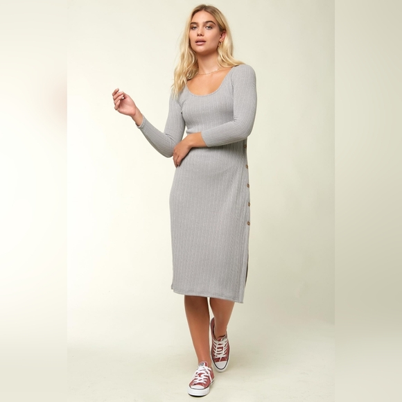 O'Neill Large Pilar Grey Rib Knit Longsleeve Button Dress - Picture 9 of 14